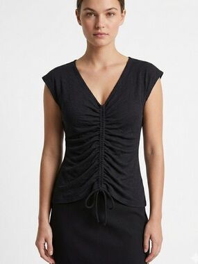 Max Studio Black Ruched Front Cap Sleeve Top | Adjustable Drawstring Blouse